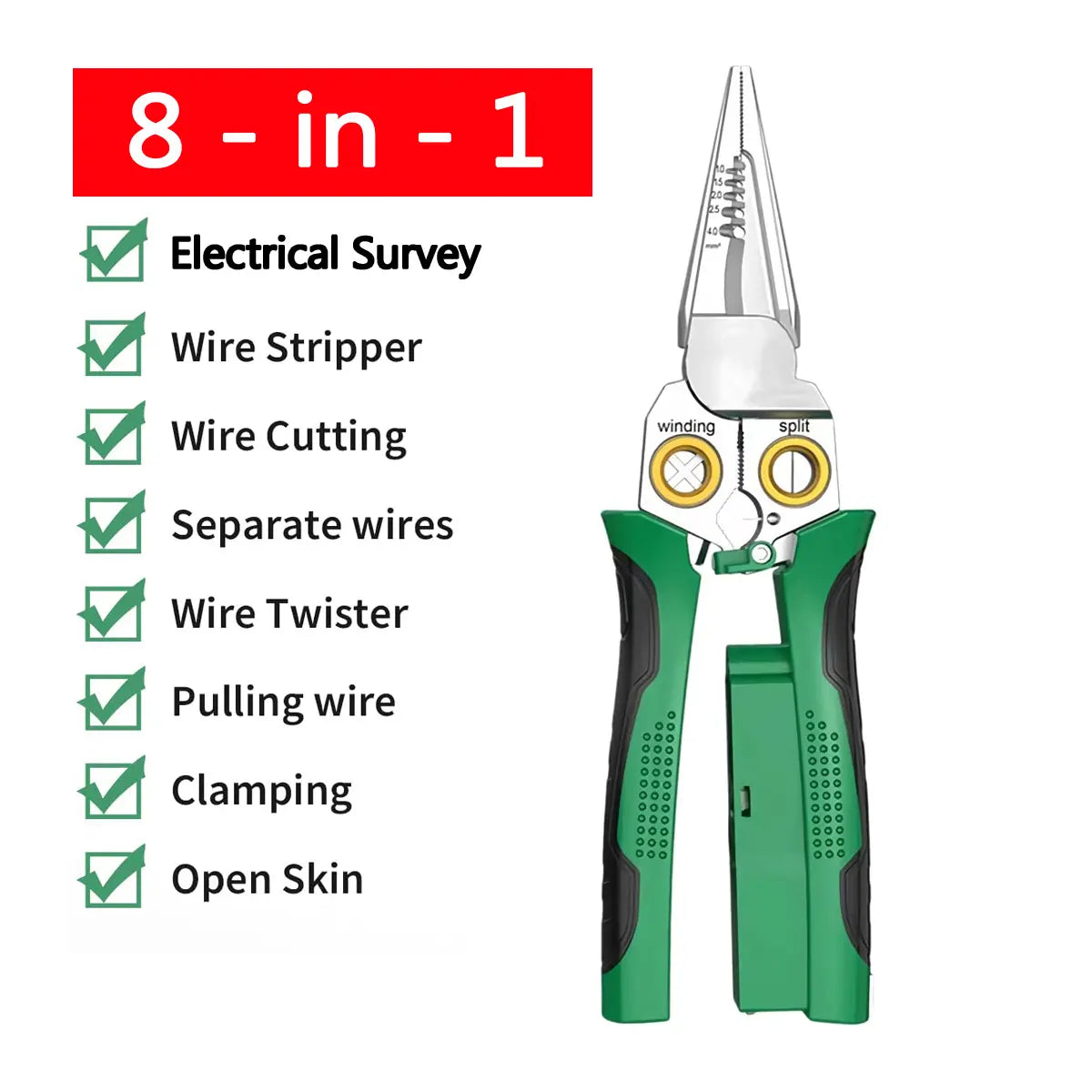8-in-1 Green Wire Stripper Pliers with Voltage Tester