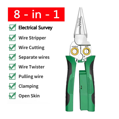 8-in-1 Green Wire Stripper Pliers with Voltage Tester