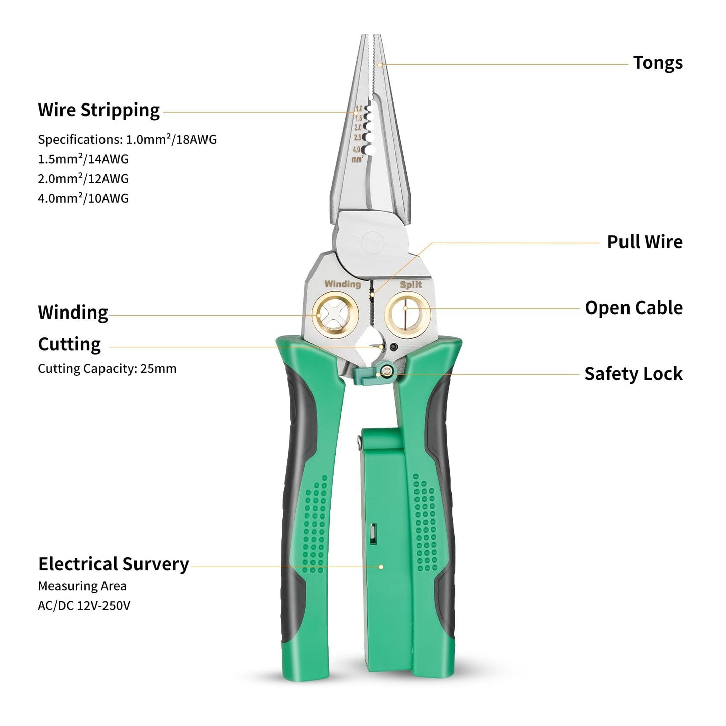 8-in-1 Green Wire Stripper Pliers with Voltage Tester