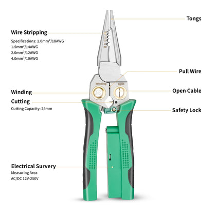 8-in-1 Green Wire Stripper Pliers with Voltage Tester