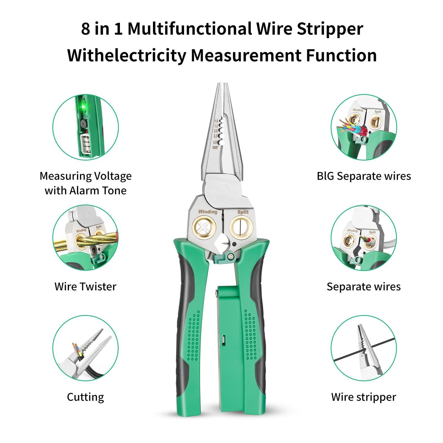 8-in-1 Green Wire Stripper Pliers with Voltage Tester