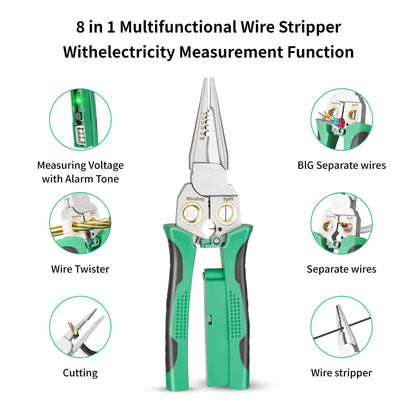 8-in-1 Green Wire Stripper Pliers with Voltage Tester