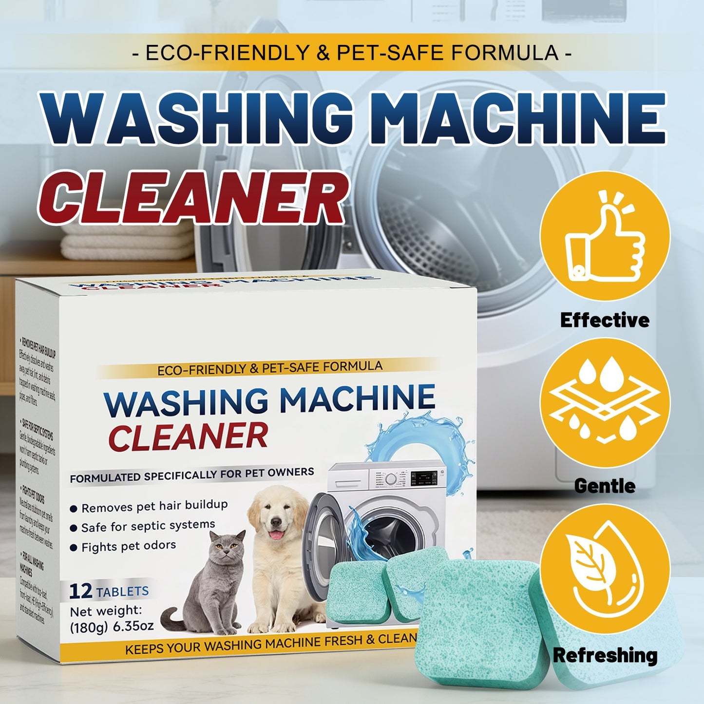 Eco-Friendly Washing Machine Cleaner - 12 Tablets Pet-Safe Formula