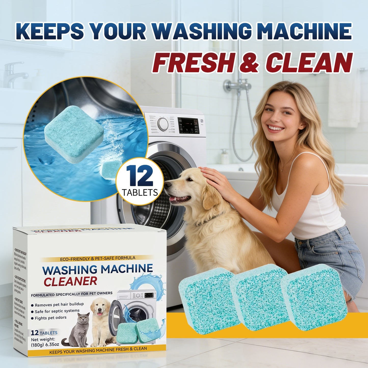 Eco-Friendly Washing Machine Cleaner - 12 Tablets Pet-Safe Formula