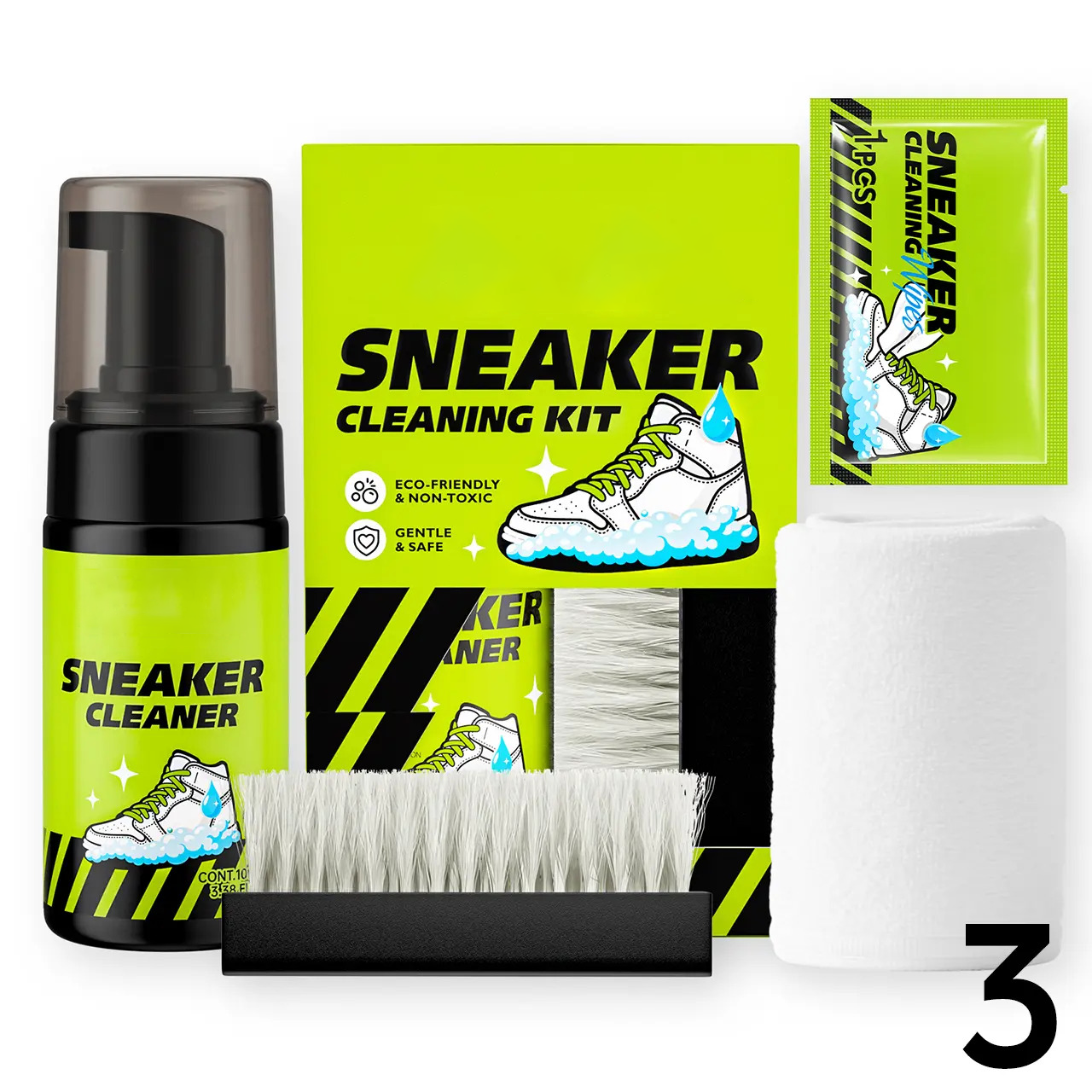 4-Piece Sneaker Cleaning Kit with Foam Cleaner, Brush, Towel & Wipe