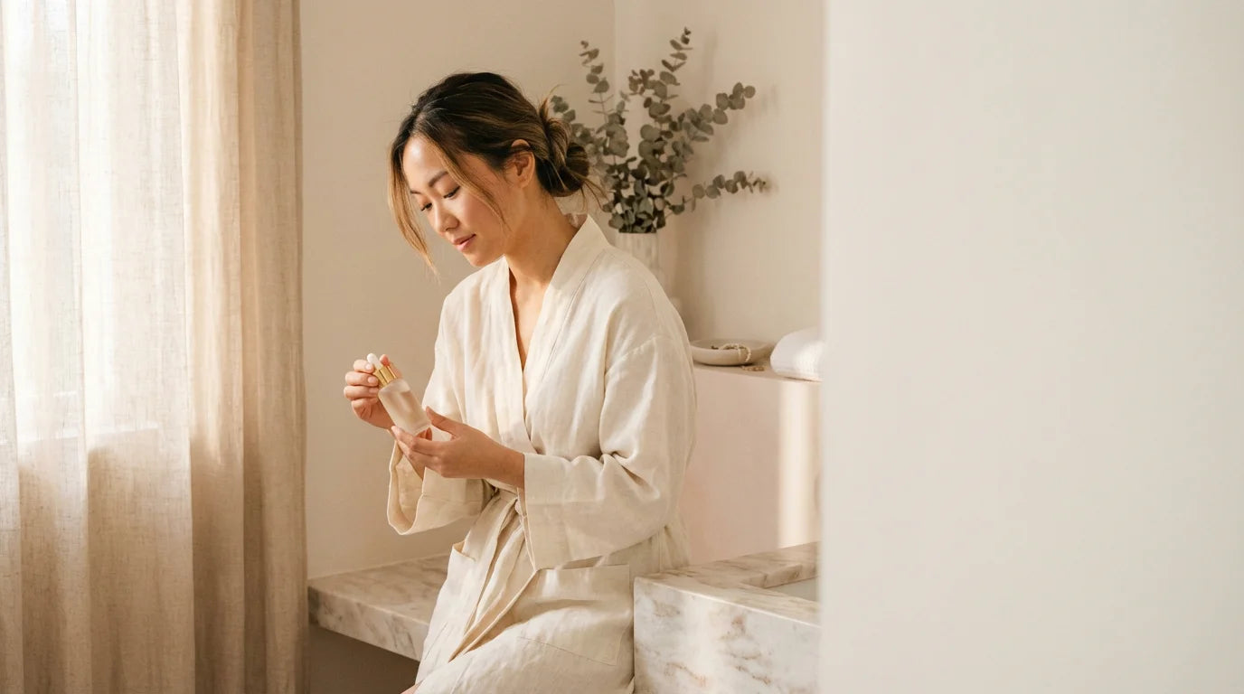 Florisu Beauty hero - Asian woman in linen robe holding botanical oil bottle in soft natural light