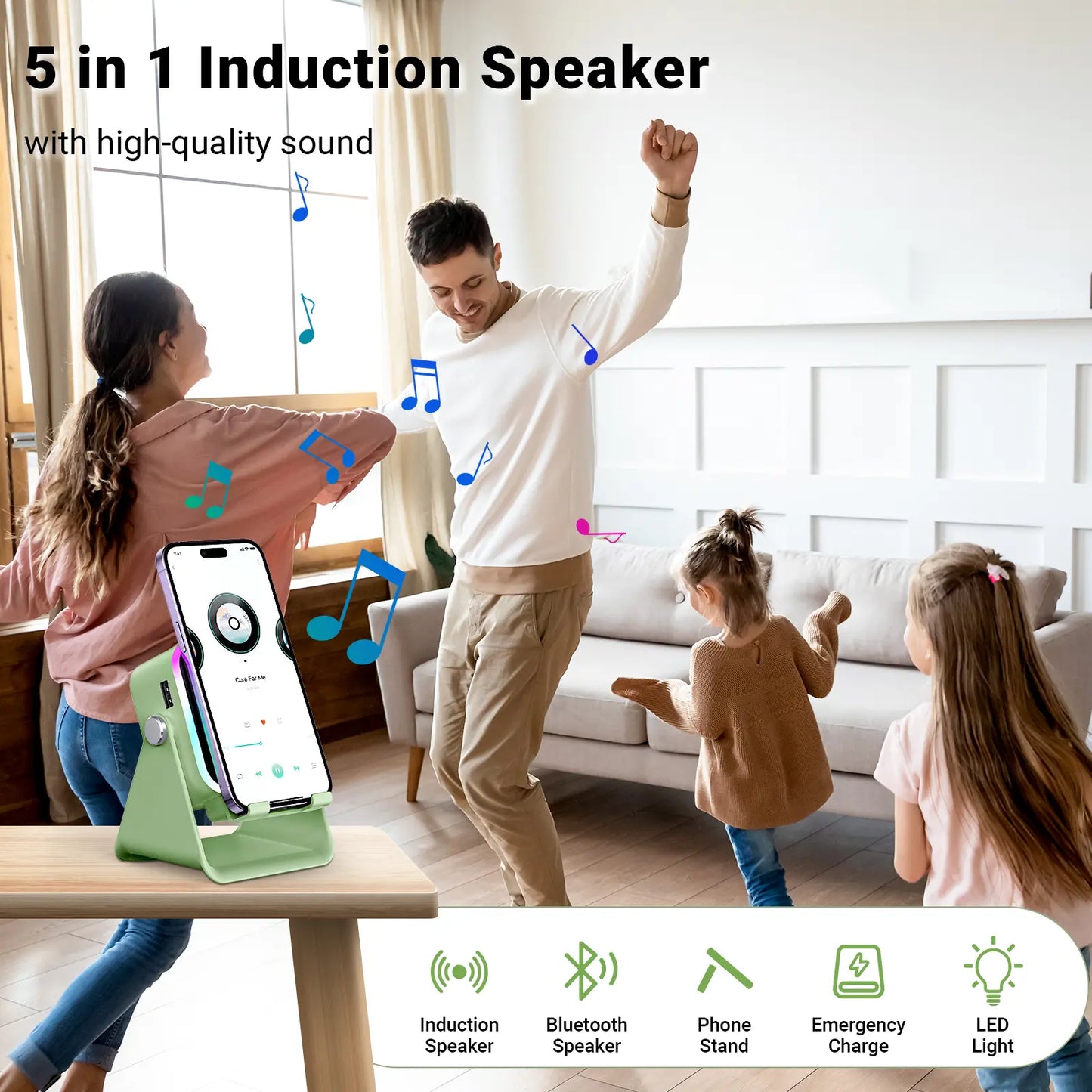 SoundSurge™ 5-in-1 Wireless Induction Speaker Stand & Power Bank