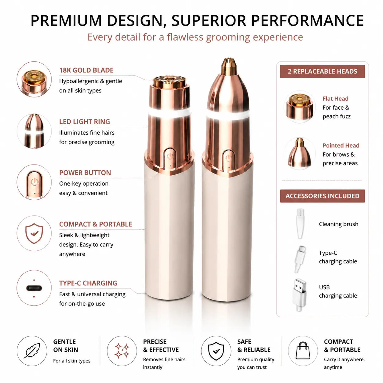 2-in-1 Painless Facial & Eyebrow Trimmer - Rechargeable Hair Remover