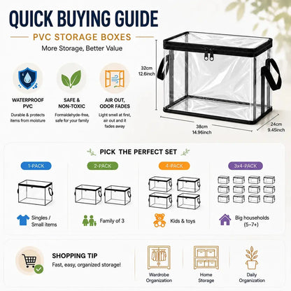 Heavy-Duty Clear PVC Storage Box with Hinged Lid - Foldable Organizer Bin