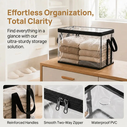 Heavy-Duty Clear PVC Storage Box with Hinged Lid - Foldable Organizer Bin