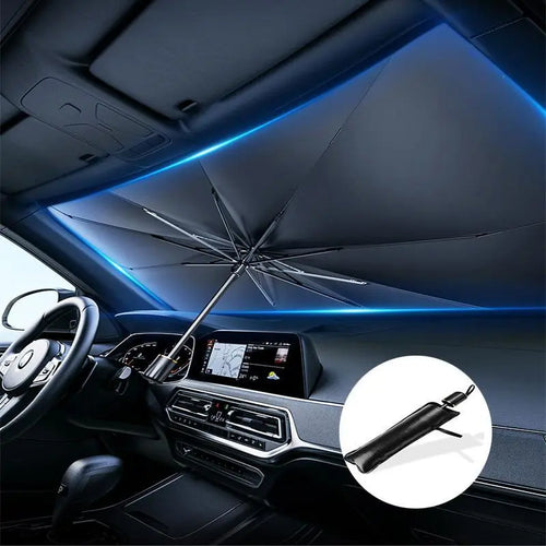 10-Rib Foldable Car Windshield Sunshade Umbrella - Titanium Silver UV Blocking Heat Insulator with Safety Hammer