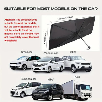 10-Rib Foldable Car Windshield Sunshade Umbrella - Titanium Silver UV Blocking Heat Insulator with Safety Hammer