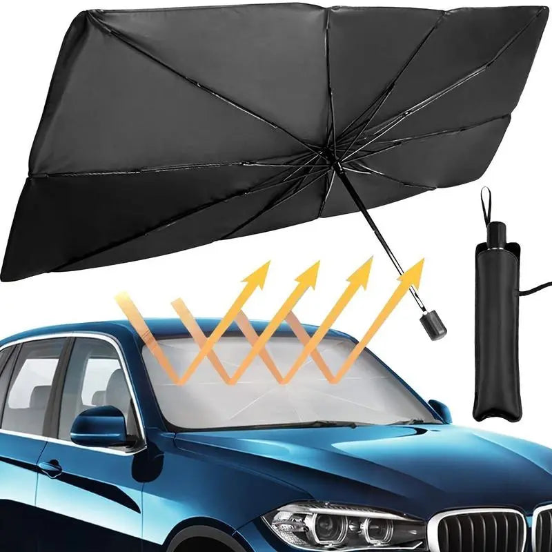 10-Rib Foldable Car Windshield Sunshade Umbrella - Titanium Silver UV Blocking Heat Insulator with Safety Hammer