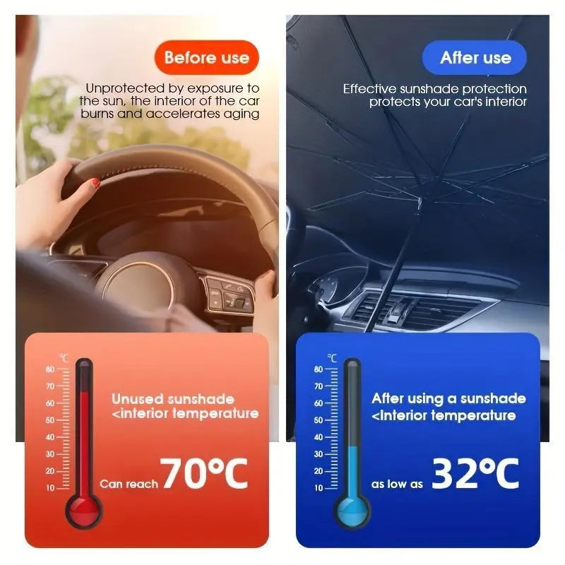 10-Rib Foldable Car Windshield Sunshade Umbrella - Titanium Silver UV Blocking Heat Insulator with Safety Hammer