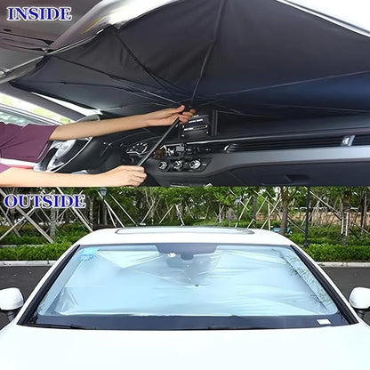 10-Rib Foldable Car Windshield Sunshade Umbrella - Titanium Silver UV Blocking Heat Insulator with Safety Hammer