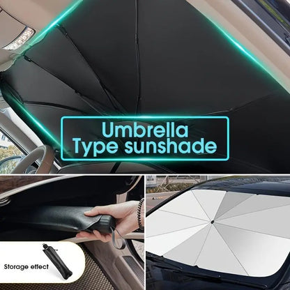 10-Rib Foldable Car Windshield Sunshade Umbrella - Titanium Silver UV Blocking Heat Insulator with Safety Hammer