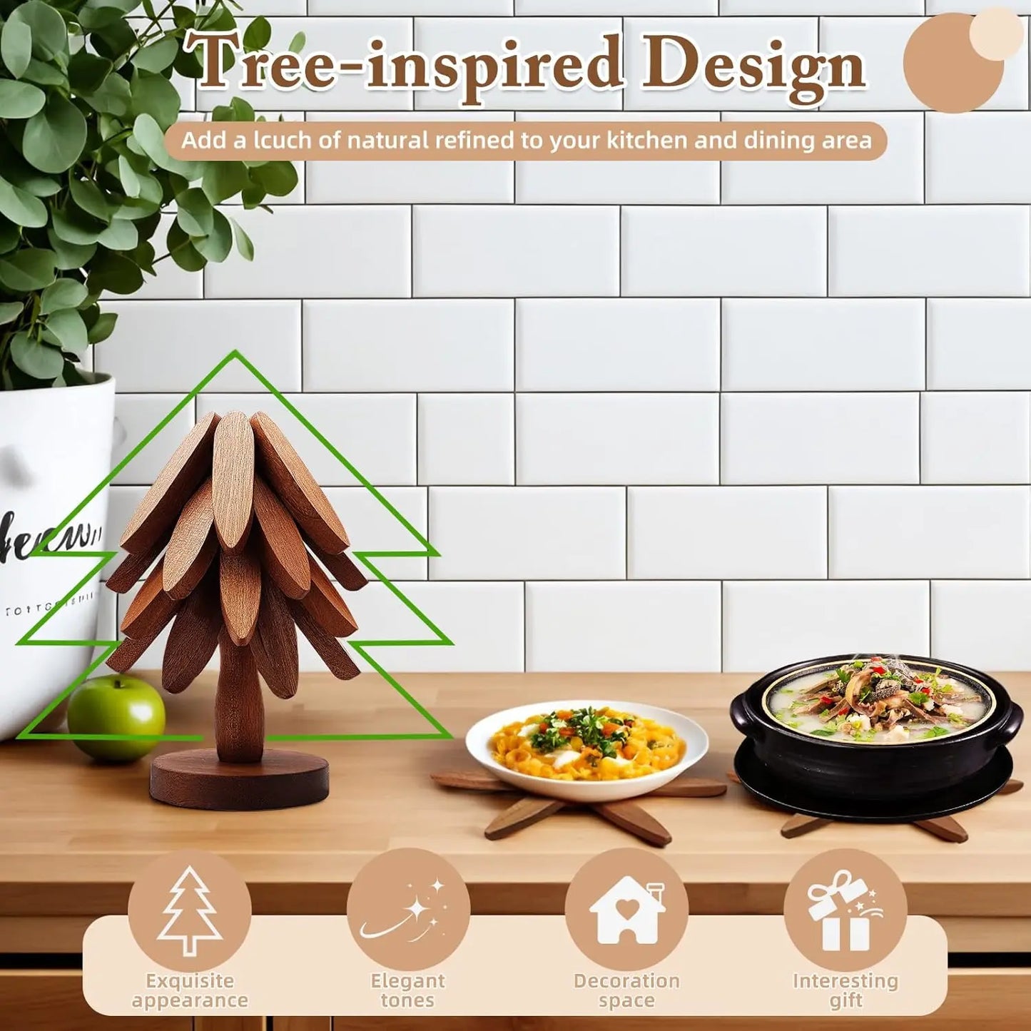 Natural Tree-Shaped Wooden Trivet Set - 4 Trivets & 1 Stand