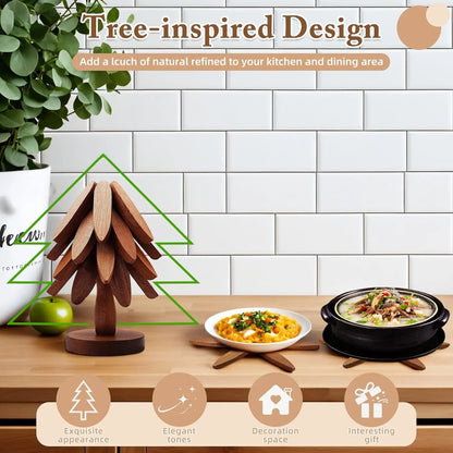 Natural Tree-Shaped Wooden Trivet Set - 4 Trivets & 1 Stand