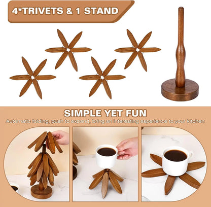 Natural Tree-Shaped Wooden Trivet Set - 4 Trivets & 1 Stand