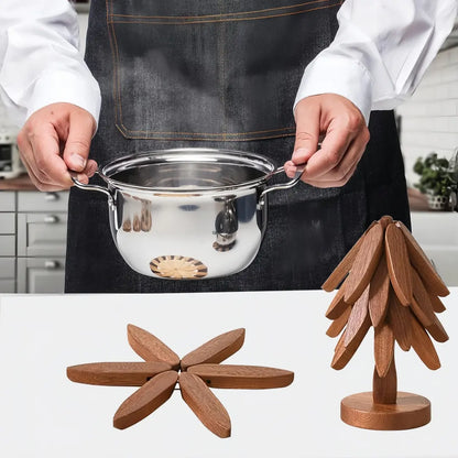 Natural Tree-Shaped Wooden Trivet Set - 4 Trivets & 1 Stand