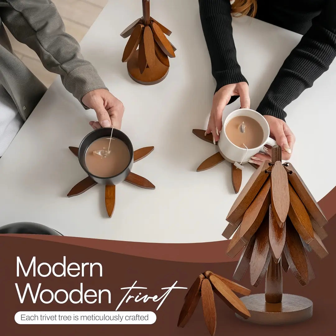 Natural Tree-Shaped Wooden Trivet Set - 4 Trivets & 1 Stand