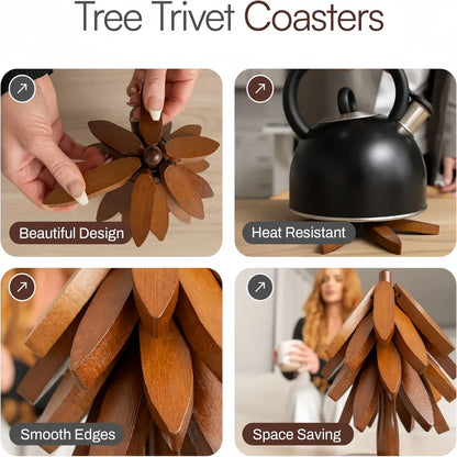 Natural Tree-Shaped Wooden Trivet Set - 4 Trivets & 1 Stand