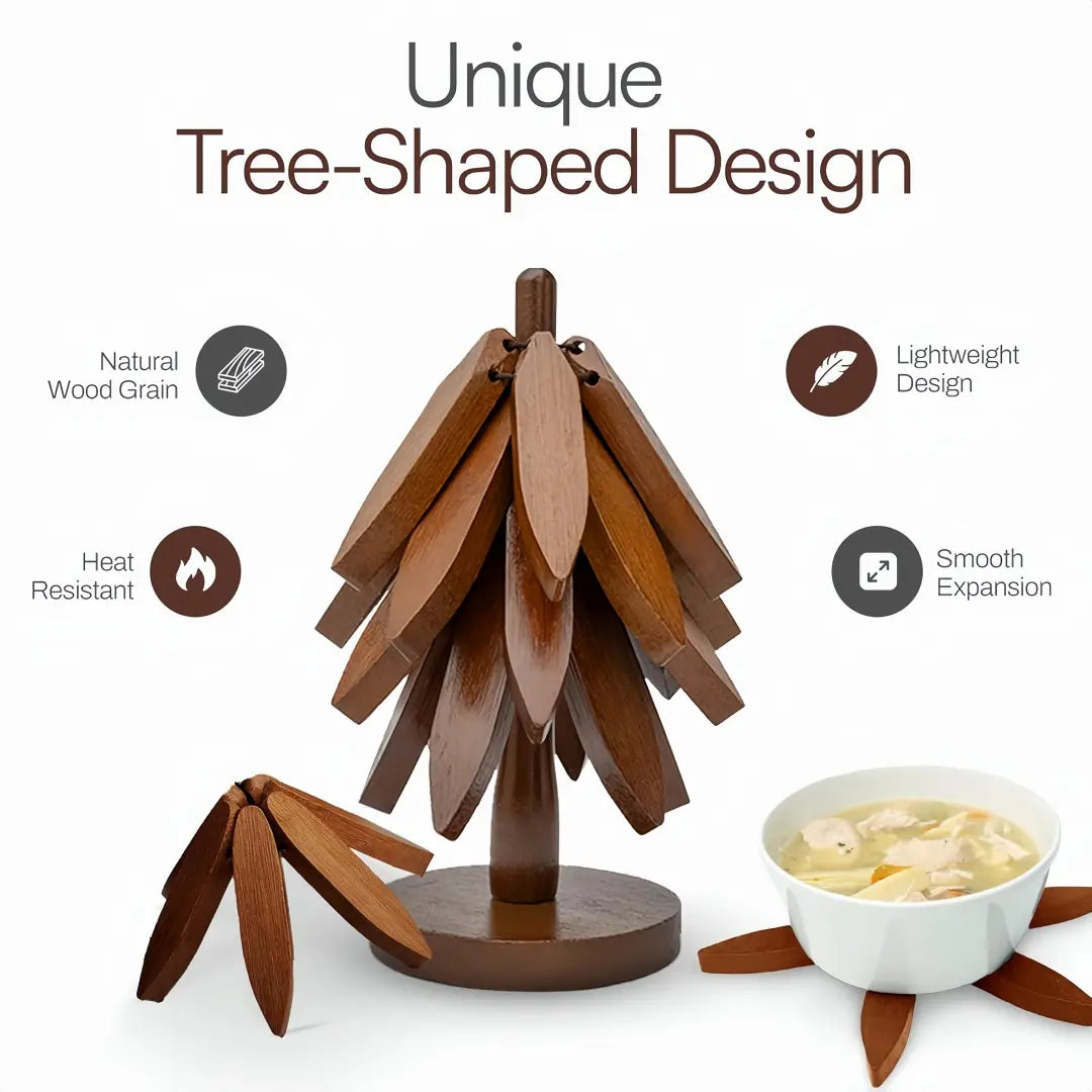 Natural Tree-Shaped Wooden Trivet Set - 4 Trivets & 1 Stand