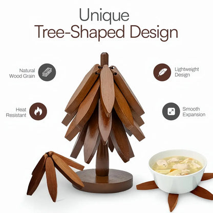Natural Tree-Shaped Wooden Trivet Set - 4 Trivets & 1 Stand