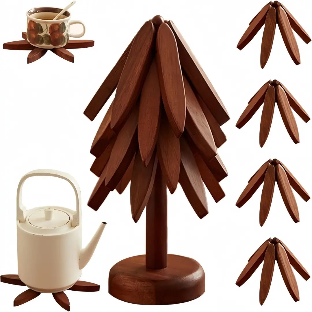 Natural Tree-Shaped Wooden Trivet Set - 4 Trivets & 1 Stand