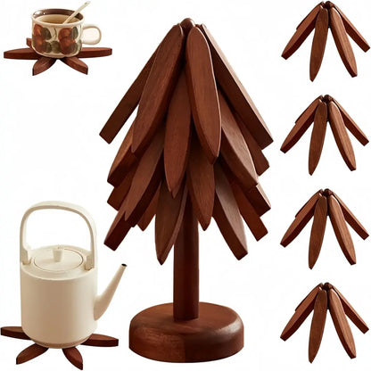 Natural Tree-Shaped Wooden Trivet Set - 4 Trivets & 1 Stand