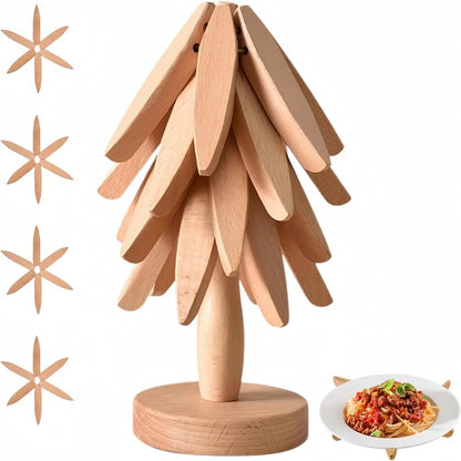 Natural Tree-Shaped Wooden Trivet Set - 4 Trivets & 1 Stand