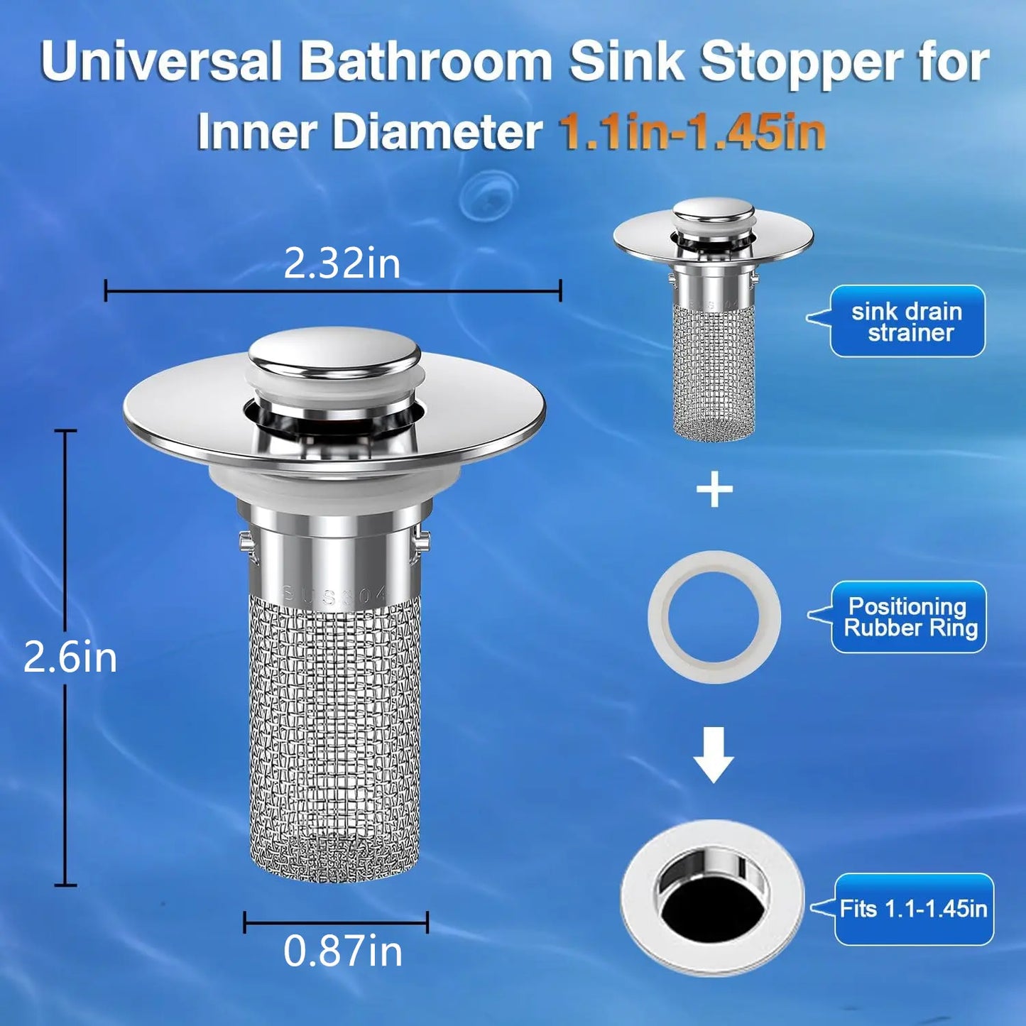Universal Stainless Steel Anti-Odor Sink Stopper - Pop-Up Bathroom Drain Plug