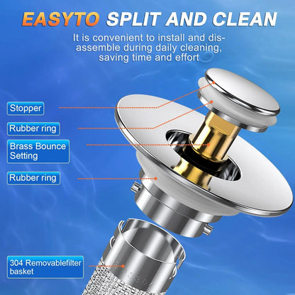Universal Stainless Steel Anti-Odor Sink Stopper - Pop-Up Bathroom Drain Plug
