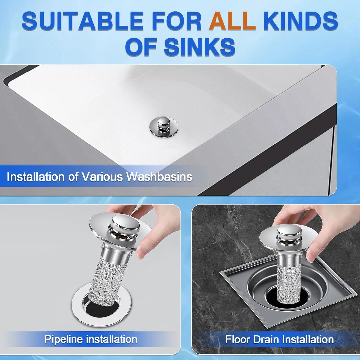 Universal Stainless Steel Anti-Odor Sink Stopper - Pop-Up Bathroom Drain Plug