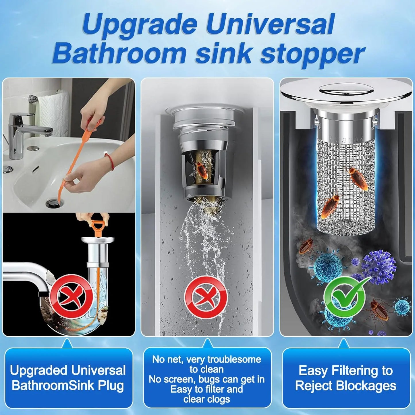 Universal Stainless Steel Anti-Odor Sink Stopper - Pop-Up Bathroom Drain Plug