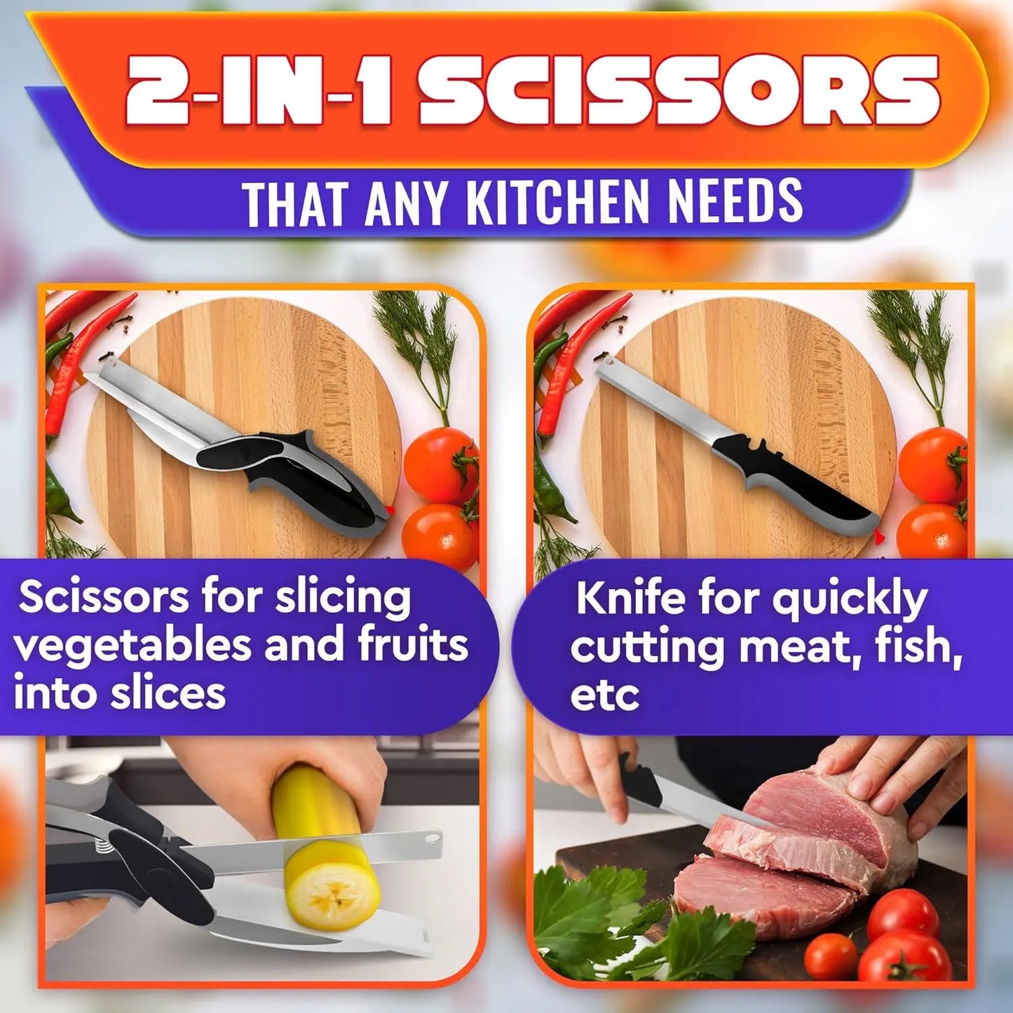 Universal 2-in-1 Smart Kitchen Scissors - Stainless Steel Blade with Built-in Cutting Board
