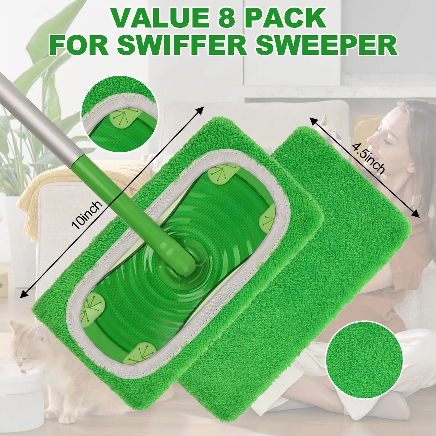 8-Pack Reusable Microfiber Mop Pads Compatible with Swiffer Sweeper