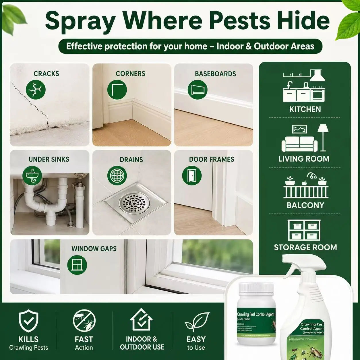 Multi-Purpose Roach & Crawling Pest Control Spray Kit for Indoor Outdoor Use
