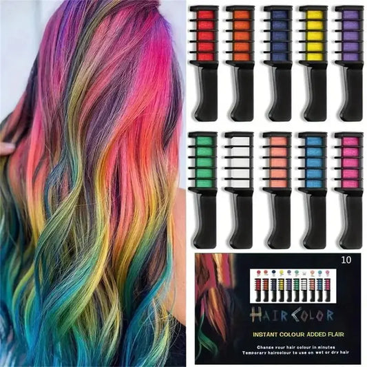 Hair Chalk Comb Set - 10 Washable Temporary Hair Colors for Women & Girls