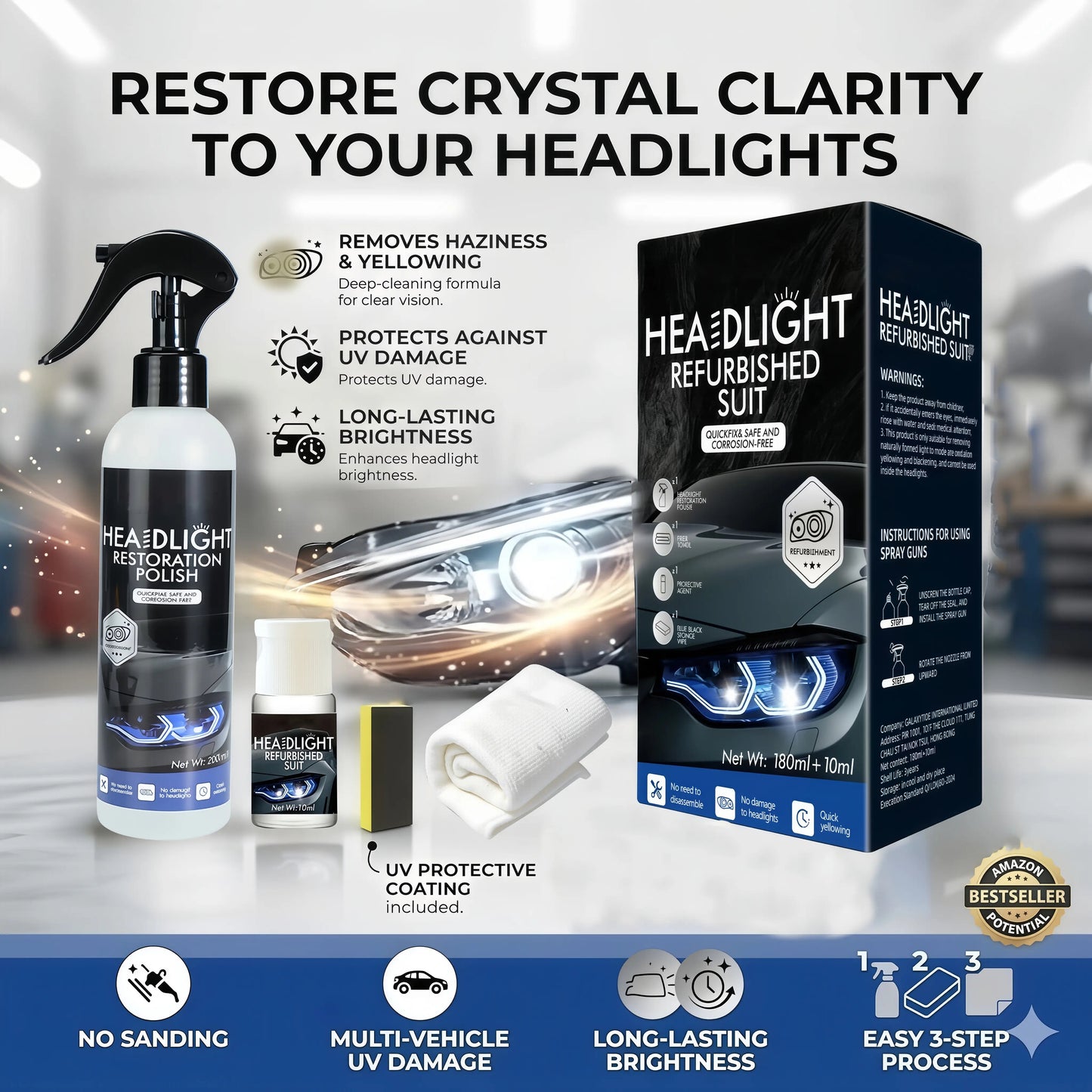 Headlamp Restoration Fluid Kit - Restores Clarity for Oxidized Yellowed Headlights