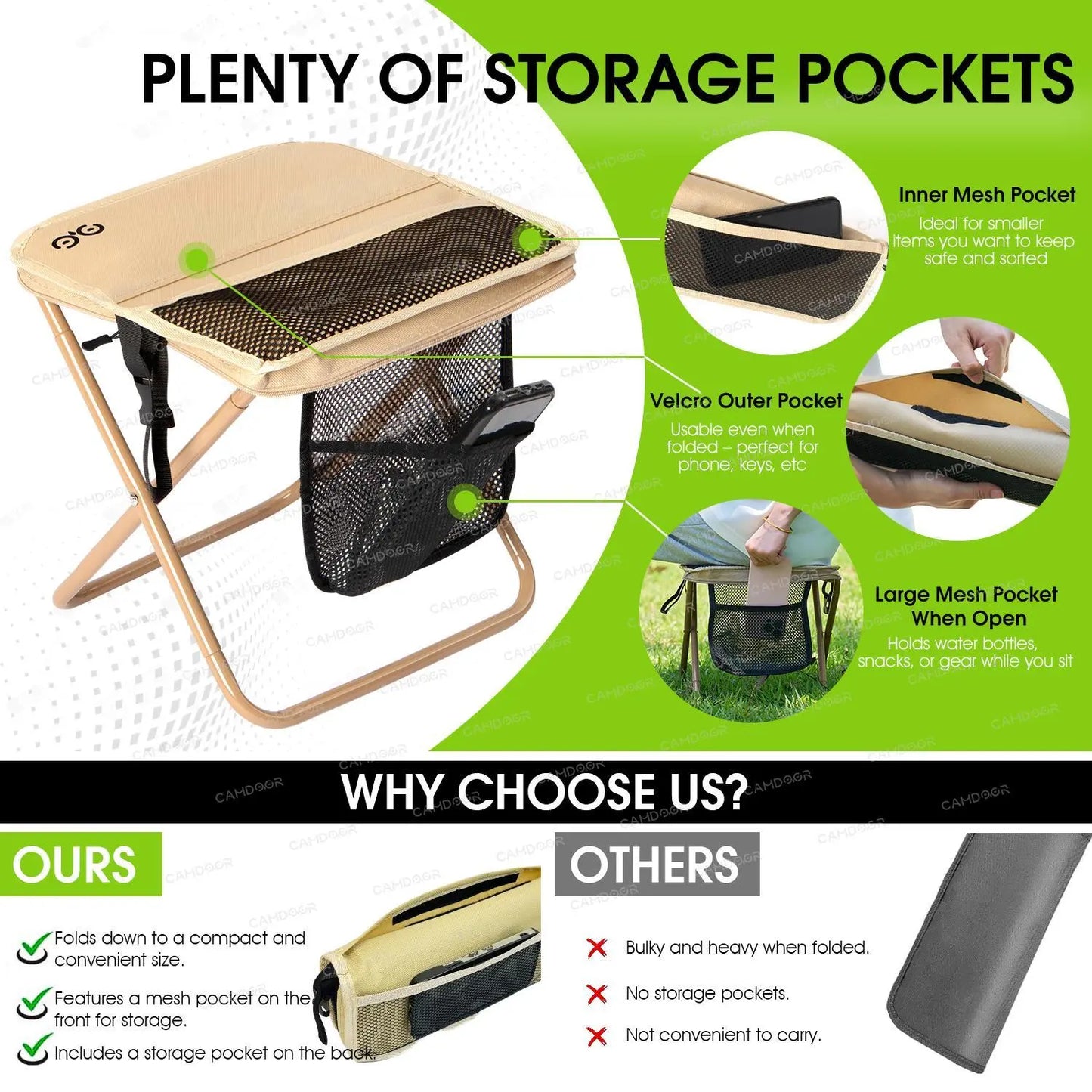 400 lb Portable Folding Camping Stool with Side Pockets