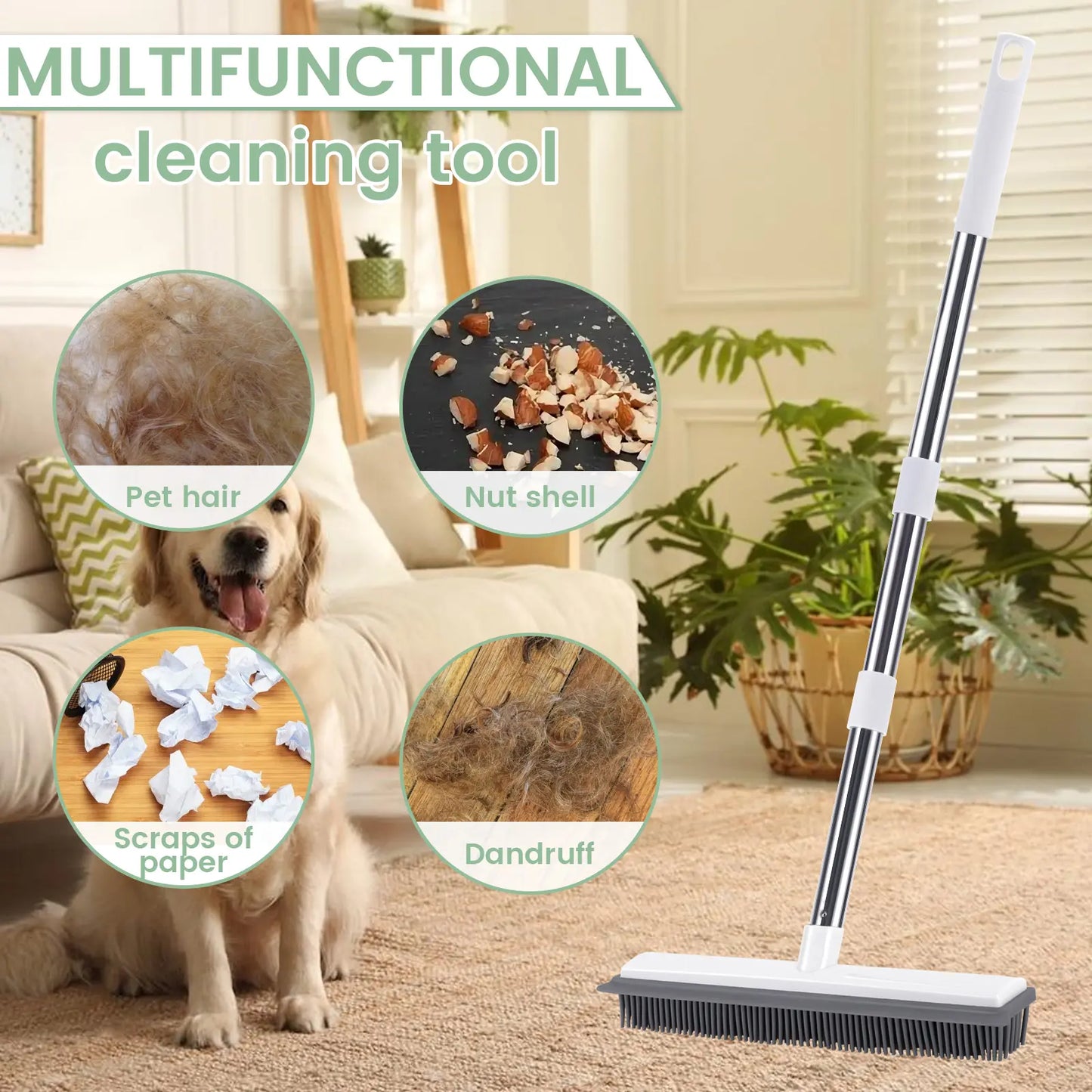Pet Hair Remover Rubber Broom with Stainless Steel Handle