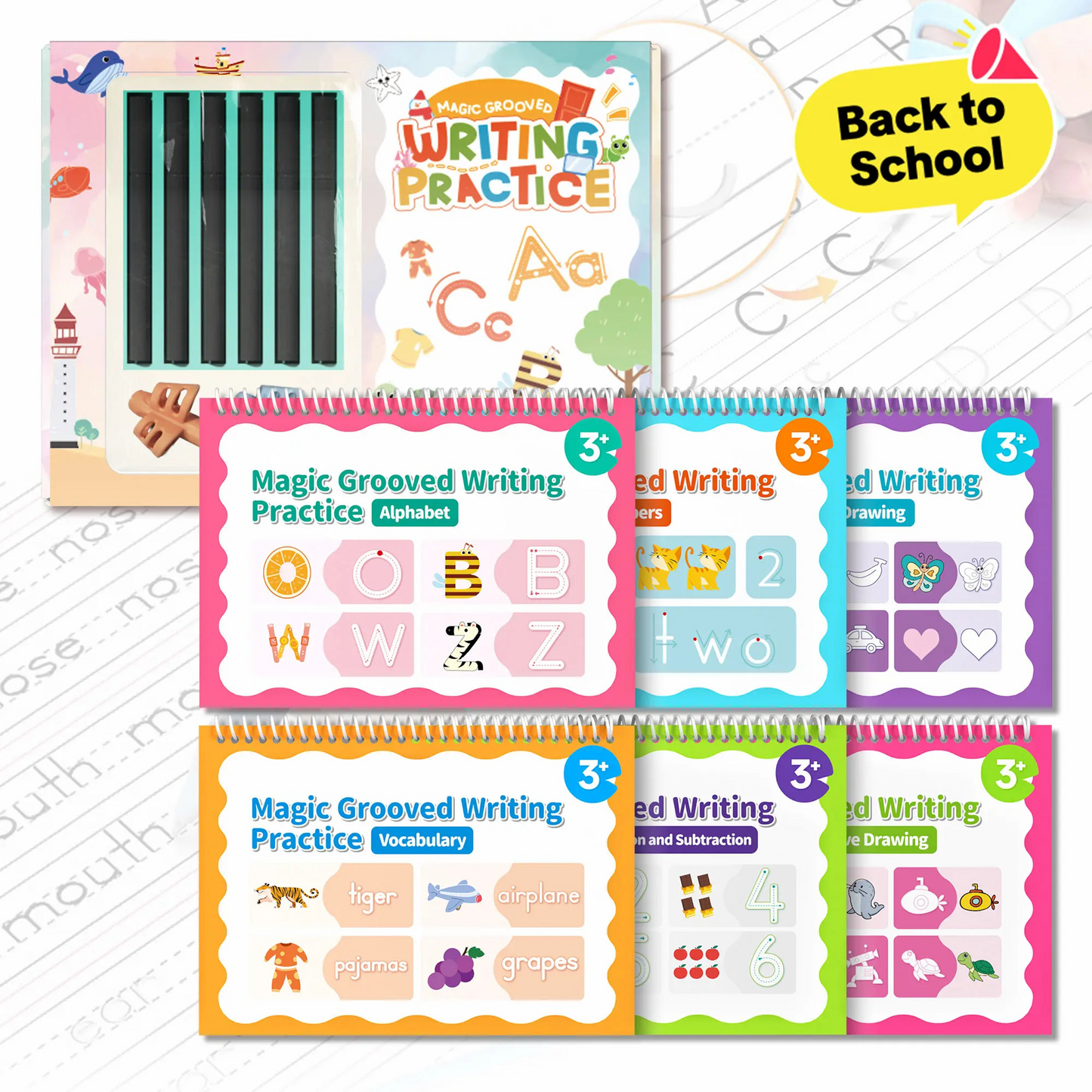 Reusable Grooved Handwriting Workbook Set for Kids, 6 Books