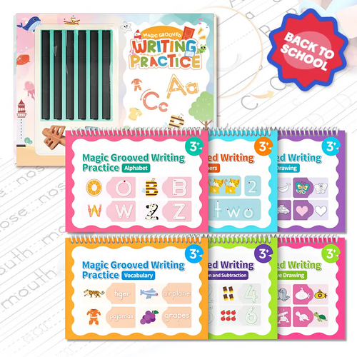 Reusable Grooved Handwriting Workbook Set for Kids, 6 Books