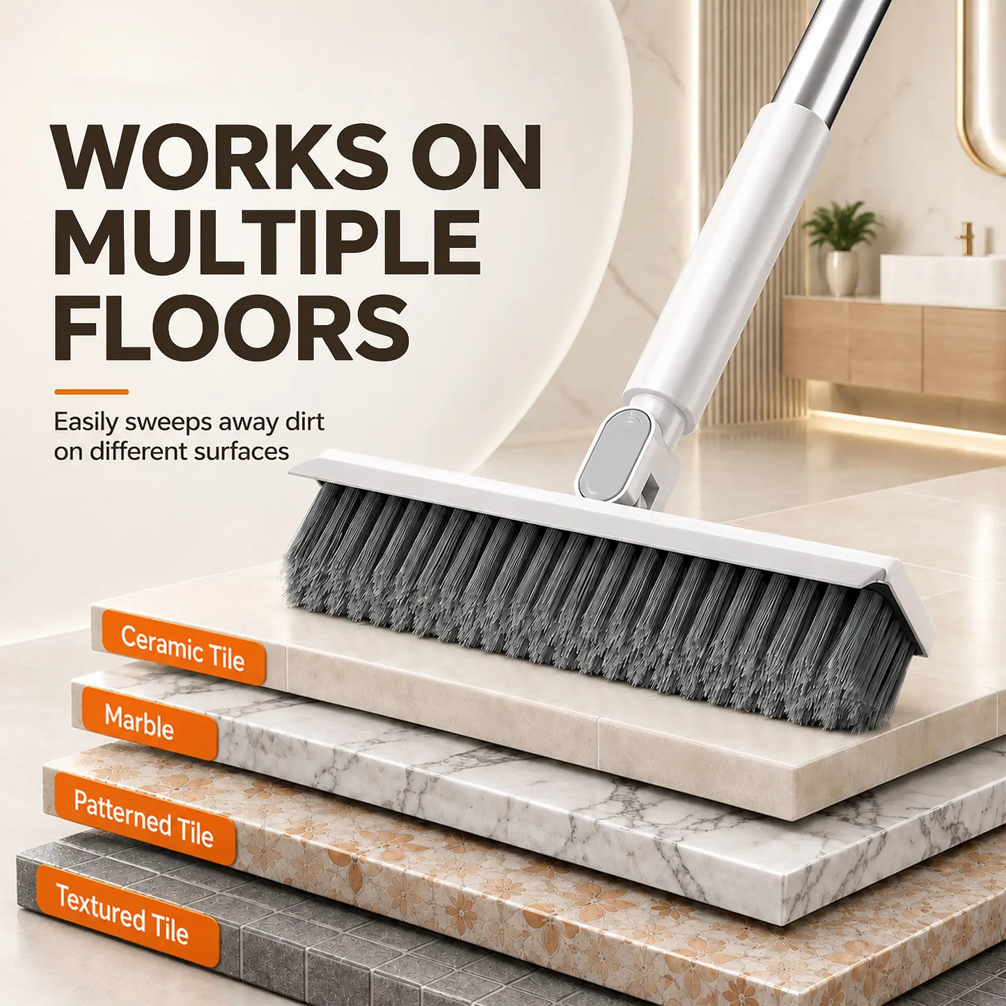 Rotating Floor Scrub Brush with Squeegee and Long Handle