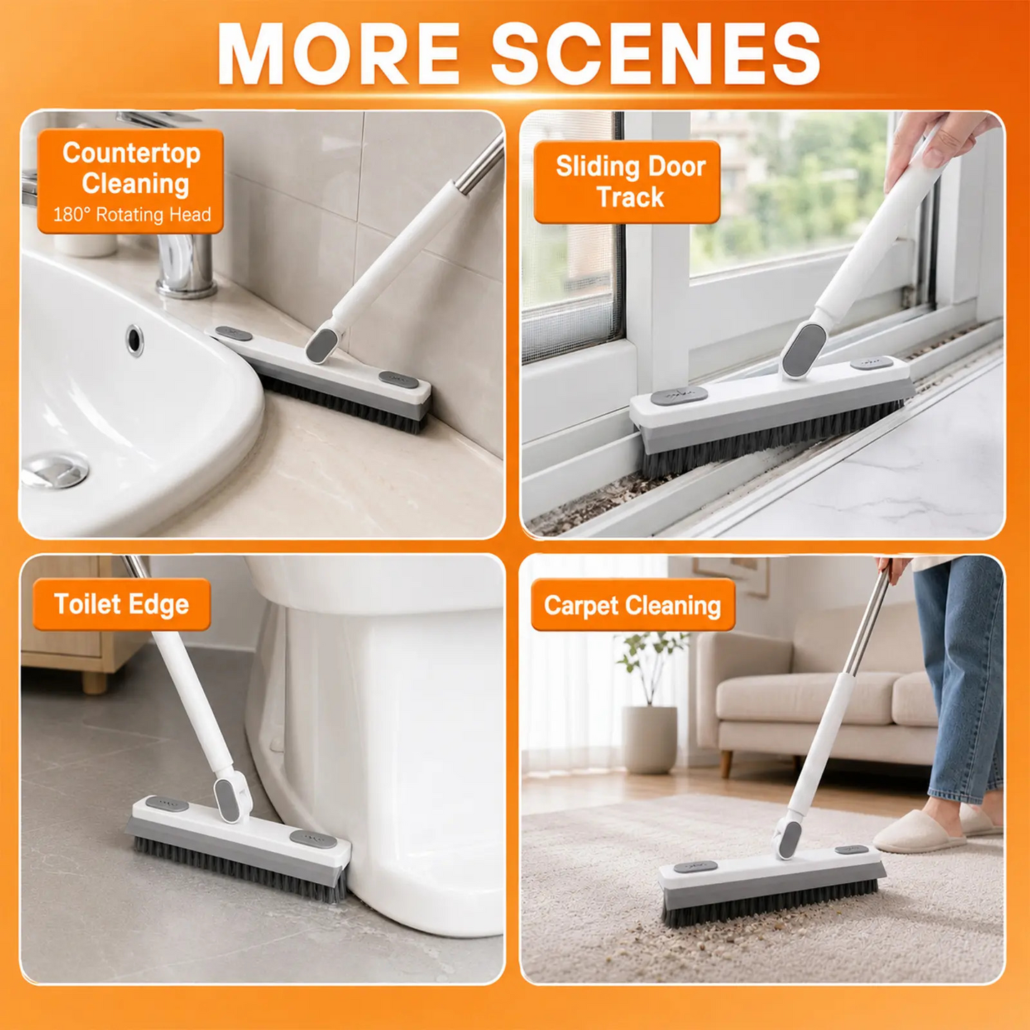 Rotating Floor Scrub Brush with Squeegee and Long Handle