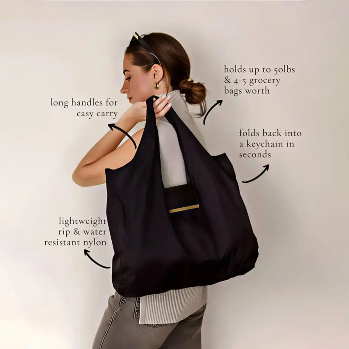 Foldable Keychain Grocery Tote Bag, Reusable Expandable Shopping Bag