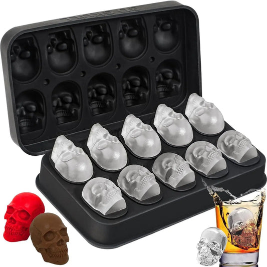 Skull Shaped Ice Cube Mold, 10-Cavity Silicone Tray with Lid and Funnel