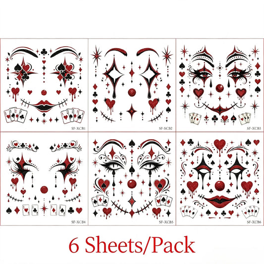 Halloween Clown Face Temporary Tattoo Stickers, 6 Sheets per Pack