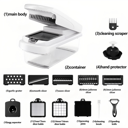 15-in-1 Vegetable Chopper with Container, Slicer and Dicer Blades